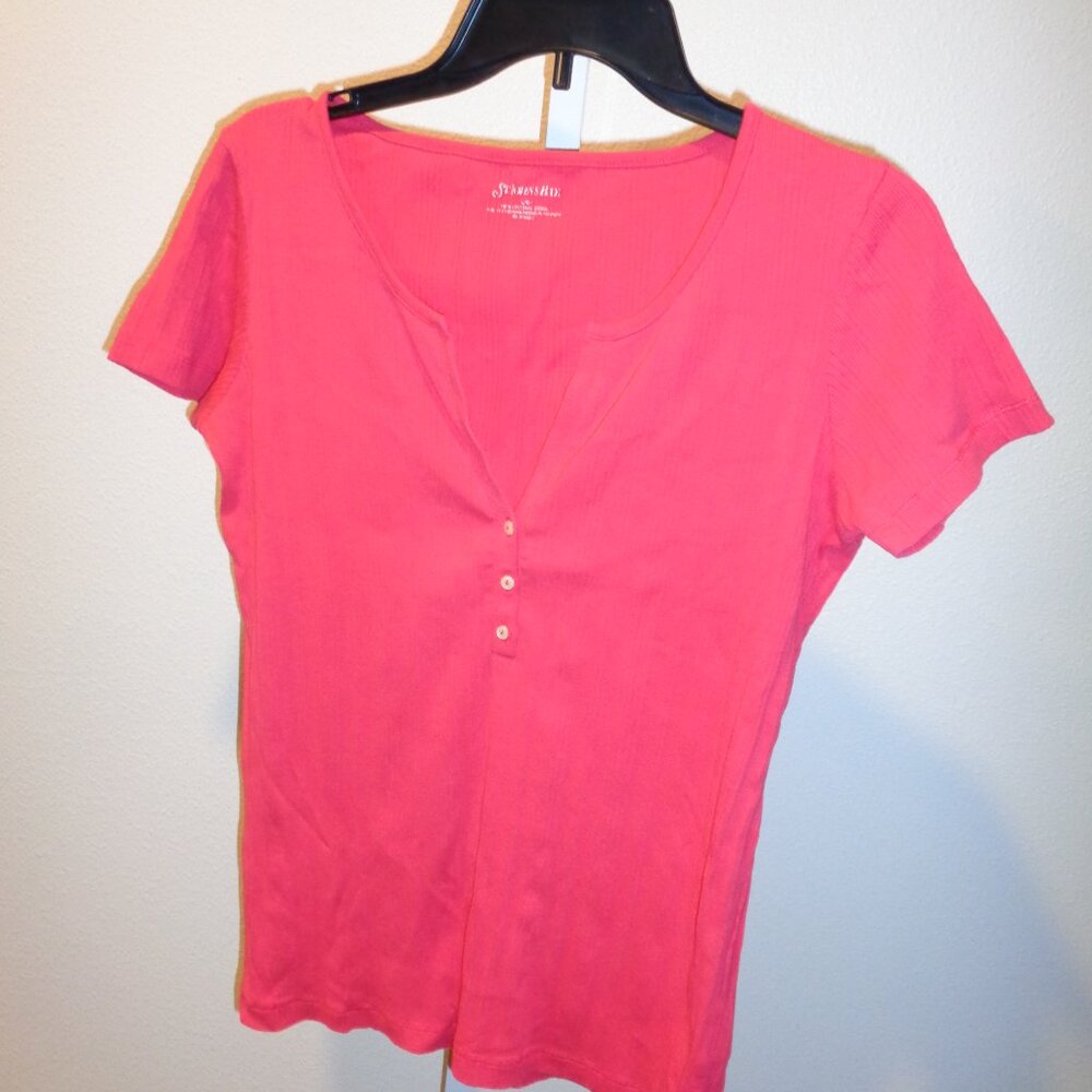 St. John's Bay Women's Pink Henley Cotton Ribbed Shirt Buttons Size Large